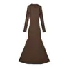 Outono e Inverno 2025 Novo Estilo de Garota Americana Retrô Quente Vestido Longo de Malha Elástica Ajustado na Cintura Manga Longa Flare Saia Longa