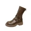 Botas Delgadas Estilo Piel de Vaca Tacón Grueso Suela Gruesa Punta Redonda Cremallera Trasera Plisada Botines de Pila para Mujer Piel Genuina