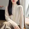 Cardigan de Punto Calado Nuevo Estilo Otoño e Invierno para Mujer con Encaje Cuello Redondo Suave Color Liso Manga Larga Suéter de Ganchillo Abrigo Top para Mujer