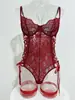 Body sexy de encaje transfronterizo europeo y americano para mujer con tiras cruzadas y moldeador, combinado con medias, conjunto de lencería erótica