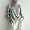 Tricô casual europeu e americano, gola alta, fecho de botões diagonal, estilo pullover, suéter de caimento solto, peça lisa, top de manga comprida, vestuário feminino transfronteiriço
