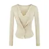 Camiseta de manga larga con retazos de encaje, estilo dos piezas falso, cuello en V para mujer, cárdigan casual de primavera, estilo puro y seductor, corte ajustado, ceñida a la cintura, top corto