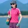 Camiseta Feminina de Proteção Solar de Secagem Rápida para Uso Externo, Manga Esportiva, Estampa Listrada, Elástica, Respirável, Meio Zíper, Manga Curta