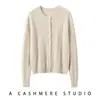 Cardigã de tricô 100% cashmere puro, cor sólida da moda, elegante, casual, adequado para o trabalho, quente, de botões únicos, gola redonda feminina com trança