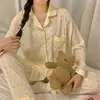 Pijama colorido minimalista estilo coreano com bolinhas para mulheres, conjunto de manga longa e calça longa para primavera e outono, roupa casual para dormitório estudantil e casa