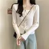 Tops de Tricô Finos de Manga Longa para Outono e Inverno com Gola Quadrada de Laço de Nicho e Tricô Fashion para Mulheres