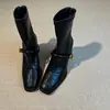 Botas Slim de Tacón Alto con Punta Cuadrada para Mujer Tacón Grueso Francés Otoño e Invierno Nuevas Retro Cremallera Trasera Botines Elásticos de Moda para Mujer