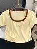 Camiseta de manga corta con cuello cuadrado para mujer, estilo Spice Girls, de verano, ajustada, adelgazante, con cuello de espiga, de algodón puro con hombros descubiertos.
