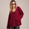 Cárdigan de Punto con Bloques de Color y Bolsillo de Exportación Transfronteriza 2025 Otoño e Invierno Nuevo Holgado Talla Grande Cuello en V Suéter Abrigo para Mujer