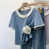 Camiseta Plus Size Feminina Renda Patchwork Única e Chique Manga Curta, Novo Top de Manga Curta de Verão para Mulheres (45-150kg)