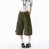 Pantalones de trabajo cropped estilo retro americano para tallas grandes para mujer, pantalones vaqueros holgados de pierna ancha con bolsillos grandes, color verde militar