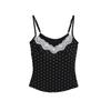 Top Retro Corto con Encaje Gris en V y Camisola de Lunares, Femenino y Ceñido