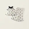 Conjunto de Duas Peças Verão 2026 para Meninas: Top Halter + Calça Pantalona Fluida Estilo Coreano, Top Off-White com Estampa de Borboleta