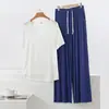 Pijama de Modal para Mujer, Estilo Veraniego Delgado, Tallas Grandes, Manga Corta, Pantalón Largo, Pantalón Casual Holgado de Pierna Ancha, Conjunto para Estar en Casa, Se Puede Usar Afuera