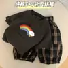 Conjunto de Verão de Algodão Puro de Manga Curta, Novo Estilo de Verão para Meninas e Bebês, Roupa Fina, Conjunto de Duas Peças com Camiseta e Calça Cropped
