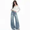 Jeans para Mujer 2026 Estilo Retro Americano Transfronterizo Lavados y Desgastados de Corte Holgado Pierna Recta Pierna Ancha, Pantalones Largos Azules Retro, Nuevos