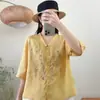 Blusa Bordada de Algodão e Linho Três Quartos da Moda para Mães, Novo Vestido de Verão para Mulheres de Meia-Idade, Camisa Elegante, Cardigã para Mulheres de Meia-Idade e Idosas