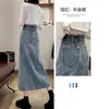 Saia Jeans Retrô Azul em Linha A para Mulheres com Fendas Nova 2025 Comprimento Médio Cintura Alta Solta Look Emagrecedor