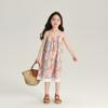 Falda lencero de estilo vacacional de ocio para niña, verano 2024, nueva, con estampado completo, vestido suave, blusa hueca