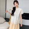 Traje de Maternidad 2025 Verano Nuevo Estilo Nacional Chinoiserie Cuello Alto Calado Ganchillo Camisa de Manga Corta + Falda Conjunto de Dos Piezas