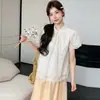 Traje de Maternidad Verano Nuevo Estilo Chino Encaje Ganchillo Camisa de Manga Corta Conjunto Falda Falda Adelgazante Conjunto de Dos Piezas para Maternidad