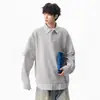 Moletom Polo Falso de Duas Peças Listrado Estilo Americano para Homens, Marca da Moda, Outono Solto Estilo College, Top Versátil Legal com Gola Reversível