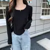 Camisa de manga longa com gola quadrada em veludo dupla face, peça íntima feminina outono e inverno, gola alta com forro de fleece, top com costura em espinha de peixe, camiseta de manga longa