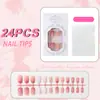Unhas postiças quadradas de pressão 24 peças, estilo simples com designs florais delicados, cor sólida branca, bolinhas e pontas de unha French manicure rosa