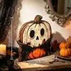 Adorno de mesa de madera vintage desgastado de Halloween Fantasma Calabaza Gato Negro casa de madera de dibujos animados decoración navideña