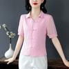 2024 Elegante Camisa de Chifón de Manga Corta Estilo Nacional Nuevo Chinoiserie con Botones Verano Nuevo Estilo Estilo Extranjero para Mujer Chic Estilo Corto Pequeño