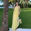 Vestido de férias amarelo com amarração no pescoço, de algodão e linho, sem costas, casual, solto, com alça, para mulheres