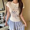 Camiseta de Manga Corta con Estampado de Gato Lindo Retro Americano, Rayas Originales Delgadas, Nueva para Verano, Top Adelgazante para Mujer