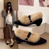 Zapatos Mary Jane Retro de Ante con Flecos 2026 para Mujer, Zapatos de Moda Cálidos de Invierno con Punta y Tacón Medio Forrados de Felpa para Mujer