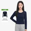 Camiseta de mujer directa de fábrica con cuello en U pequeño, corte ajustado, entallada en la cintura, adelgazante, de manga larga, suave, elástica, cómoda, top versátil para otoño e invierno