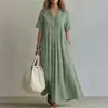 Vestido longo casual folgado de manga curta com decote V e cor sólida plissado, moda feminina transfronteiriça europeia e americana 2026