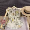 Em Estoque Verão Novo Estilo Chinês Retrô Blusa Sem Manga Estampada de Algodão e Linho com Gola Franzida, Camisa Feminina Versátil e Elegante