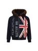 Sudadera con capucha y estampado de Union Jack desgastado estilo callejero americano de principios de otoño 2026 con cuello y capucha de pelo, Chaqueta cárdigan vintage, Moderna