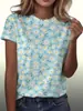 Camiseta feminina de manga curta europeia e americana transfronteiriça com estampa 3D floral e xadrez, camiseta de gola redonda estilosa e versátil