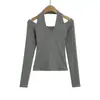 Camiseta Base de Manga Larga con Escote Halter Hombros Descubiertos de Doble Capa Fs548-25, Nuevo Estilo Primavera, Estilo Europeo y Americano, Estilo Blogger Ins
