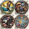 Letrero redondo de hojalata con efecto vidriera vintage con sol, luna, flores, pájaros y paisaje, pintura decorativa patriótica en placa de aluminio y hojalata para comercio transfronterizo