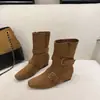 Fivela de Cinto Botas Curtas Aumentadoras de Altura Interna Bidirecionais Botas Femininas Western Bico Quadrado 2026 Moda Outono Dobrável Linda Bota Curta