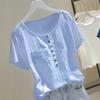 2025 Nueva Camiseta de Verano de Algodón y Lino de Manga Corta para Mujer Estilo Coreano Suelta Cubre Vientre Adelgazante Cuello V Blanca Manga Corta Top Ligero