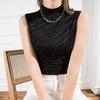 Camisa de encaje con cuello vertical para mujer, estilo primaveral, ajustada, a rayas, negra, sin mangas, estilo europeo occidental, talla pequeña