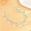 Tornozeleira Empilhável Azul Brilhante Diamante Minimalista de Luxo Leve Japonês e Coreano, Tornozeleira Personalizada de Alto Padrão com Borla de Concha Lagarta