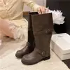 Botas de moto longas estilo retrô destroyed para plus size femininas, outono e inverno, salto grosso, estilo workwear, botas over-the-knee