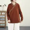 Outono e Inverno Novo Estilo Chinês Gola V Retrô Bordado Manga Longa Camisa T-Shirt Top Nova Camada Base Estilo Chinês