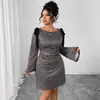 Vestido largo de cuadros de estilo nuevo europeo y americano con decoración de lazo, talla grande, ajuste ceñido, mangas acampanadas, cuello redondo, de Aliexpress