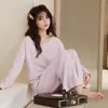 Pijama Doce Fofo Novo de Algodão Puro para Mulheres Roupa de Casa Gola Redonda Manga Longa com Bojo Conjunto de Roupa de Casa Pode Ser Usado Fora