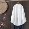 Nova camisa solta de lapela com bordado de flor de bolso fresco artístico e retalhos nas mangas - Coleção Primavera 2023