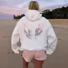 Sudadera de Felpa para Mujer de Comercio Exterior Transfronterizo con Capucha Alada, Bolsillo Canguro Estampado, Cordón de Ajuste y Sudadera con Capucha Estampada